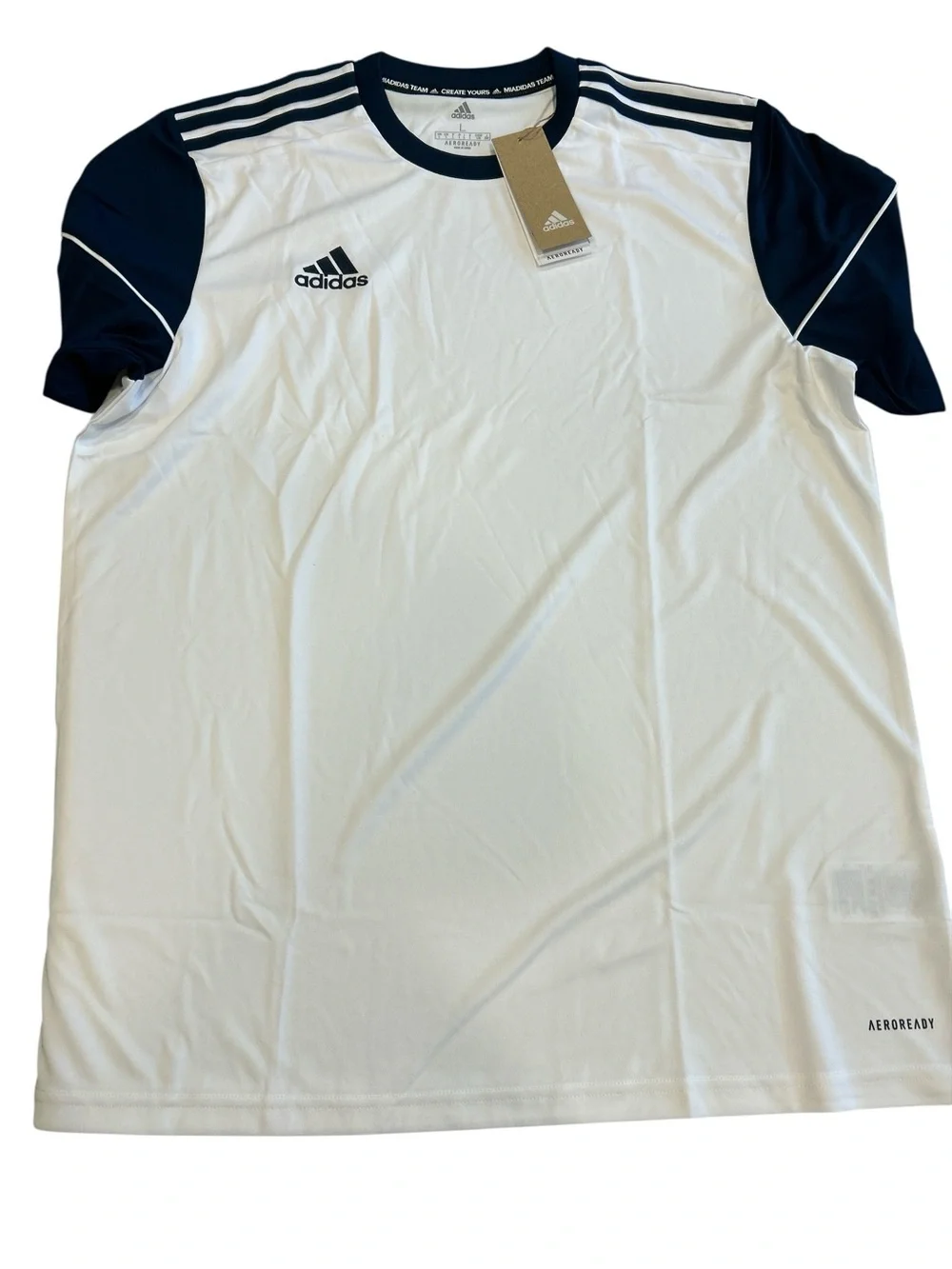Adidas Aeroready Mens White Navy Blue Striped Training T-Shirt Large NEW